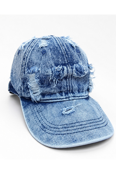 MYZİ STORE Unisex Vintage Washed Blue Denim Hat with Ripped Detail Adjustable...