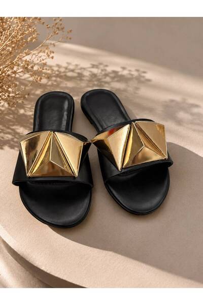 FİORE WOMEN Women's Geometric Gold Pyramid Buckle Slippers – Comfortable and ...