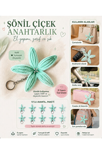 Elfida Design Şönil Çiçek Anahtarlık 10' lu paket / El Yapımı / Çanta Süsü / Nikah, Söz, Nişan ve Doğum Günü Hediyeliği