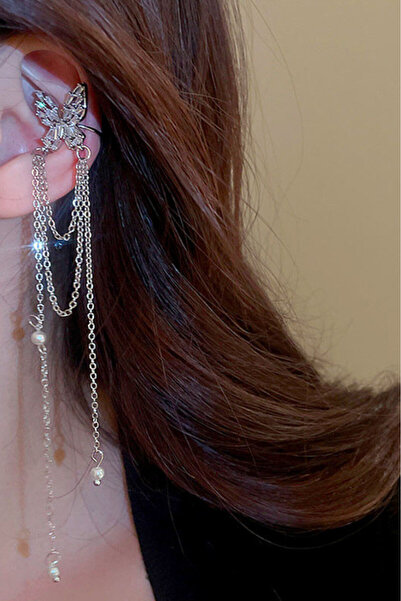 VeeShop Κομψό ear cuff, ορθογώνια κρυστάλλινη πεταλούδα, με αλυσίδα από πέρλες