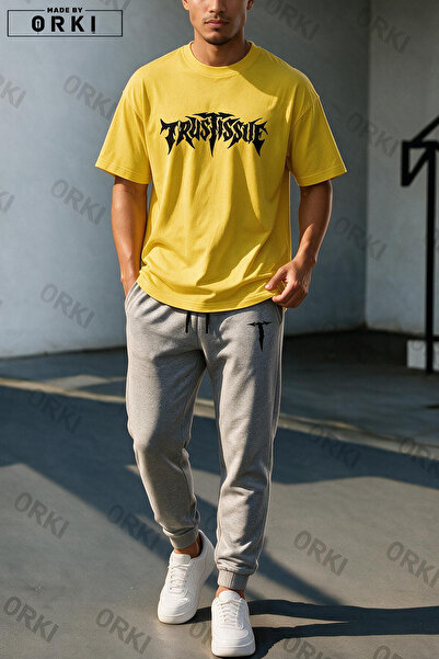 EFFRENATU Trust Issue Printed Oversize T-Shirt & Gray Pants Tracksuit Set