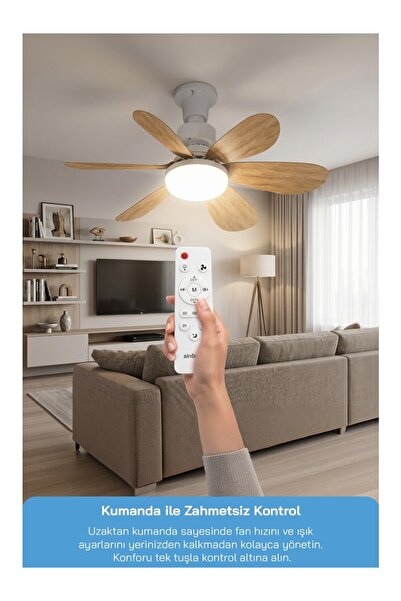 Simbo SF-7708 3 LED Aydınlatmalı Sessiz Tavan Vantilatörü 6 Kanatlı Uzaktan K...