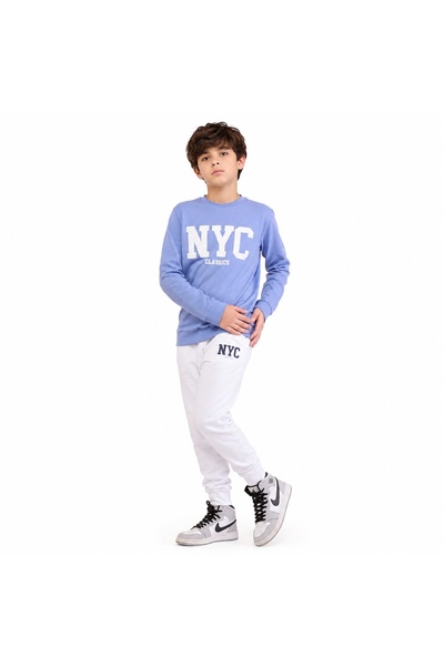 PALM PEANUTS Boys NYC Classics Sky Blue Sweatshirt & White Jogger Tracksuit S...