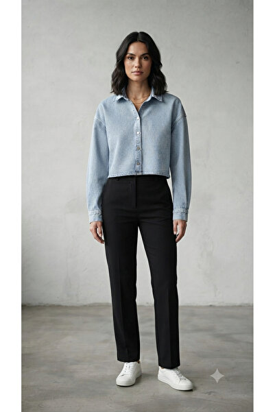 Sublime Butik Women's Ice Blue Snap Button Short Denim Shirt Jacket