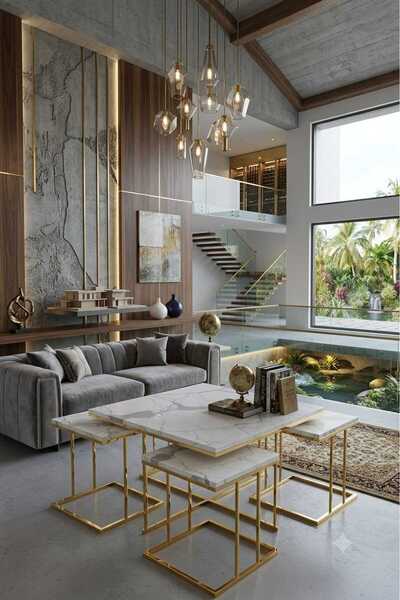Zigon RİO 5Lİ SET 4+1 pizza 5li set ORTA SEHPA GOLD beyaz mermer