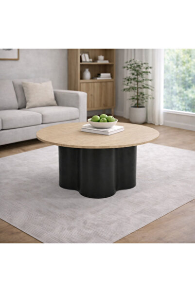 Palma homez طاولة قهوة دائرية أنيقة بسطح بيج وقاعدة سوداء - 45 × 90 سم