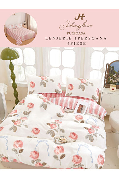 Pucioasa Set de lenjerie de pat din 4 piese cu trandafiri roz pe fundal alb-P85