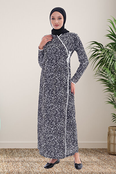 incy style Yandan Bağlamalı Siyah Desenli Beyaz Biyeli Rahat Pratik Namaz Elb...