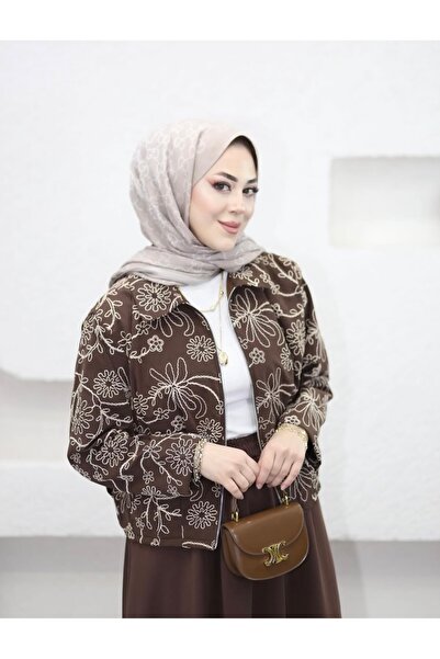silanbutikco Nakışlı bomber ceket kahve