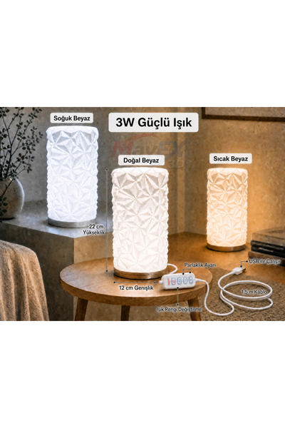 Mayex3d Modern Abajur, Parlaklık ayarlı, USB 3 renk ışık.