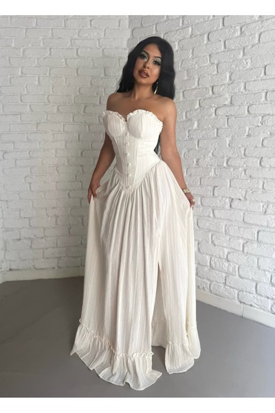 moneta boutique Γυναικείο λινό φόρεμα με σχισμή στο λαιμό, πλισέ και στράπλες