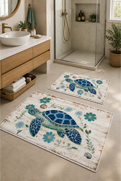 Serteks Vintage Deniz Kaplumbağası Desenli Yıkanabilir Kaymaz Banyo Paspas Se...