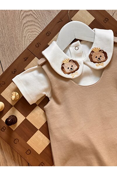 Mama Miel Baby Lion Embroidered Collar Detailed Bodysuit and Milk Coffee Comb...