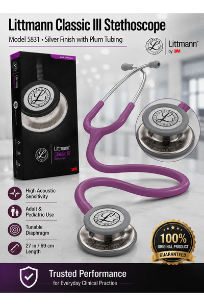 3M Littmann Classic III Monitoring Stethoscope Model 5831 Silver-Finish Dual-...