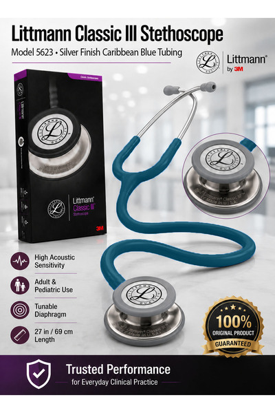 3M Littmann Classic III Monitoring Stethoscope Model 5623 Silver-Finish Dual-...