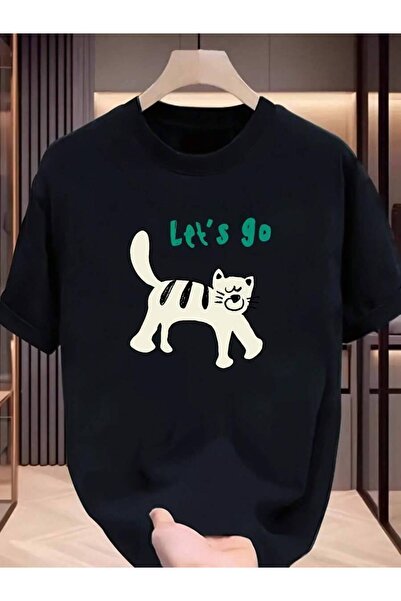 Astogria13 Men's Short-Sleeve T-Shirt - Cute Cartoon Cat "Let's Go" Print, Wh...