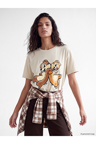 LC Waikiki Beige Chip and Dale Printed Cotton Women's T-Shirt