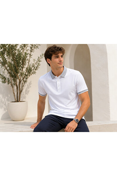 MASTIFF Beyaz Erkek Polo Yaka Tişört Gri Yaka Detaylı Slim Fit Kısa Kollu Gün...
