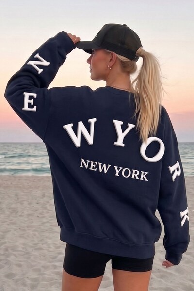 GIA - ART Women's Oversize Sweatshirt Wyo Ny Printed Navy Blue – Crew Neck, 3...