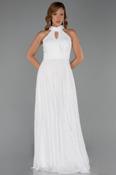 Abiyefon Ekru Halter Yaka Uzun Dantel Abiye Elbise ABU6313