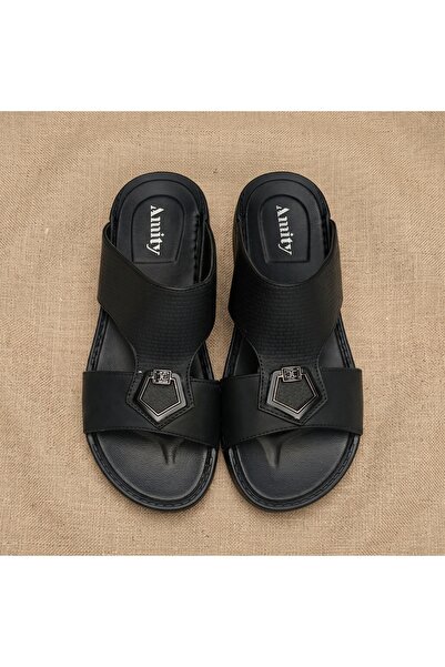 Lucky Steps Men's Textured PU Leather Slide Sandals Metal Buckle Non-Slip Cus...