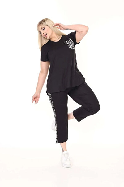 AZRA BUTİK Square Pattern Pocket Detailed Short Sleeve Double Suit Black