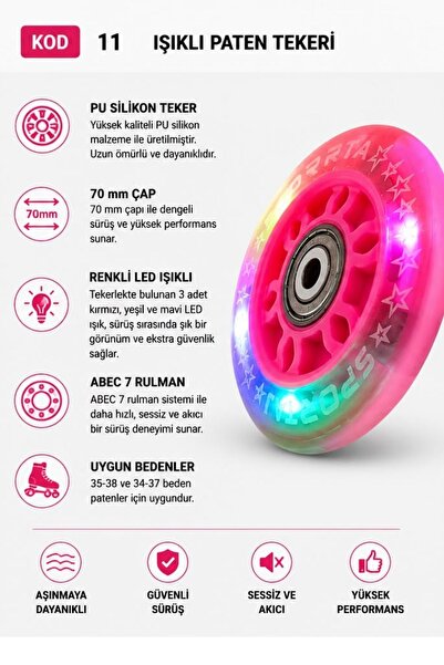 Sportaj 70 mm Renkli Led Işıklı Fuşya Paten Tekeri PU Silikon Abec 7 Rulmanlı KOD 11