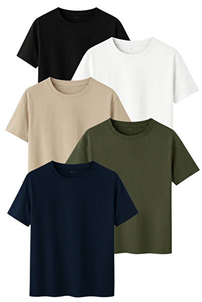 DK DAKSEL 5-Pack Regular Fit Cotton T-Shirt Set Black White Stone Khaki Navy ...