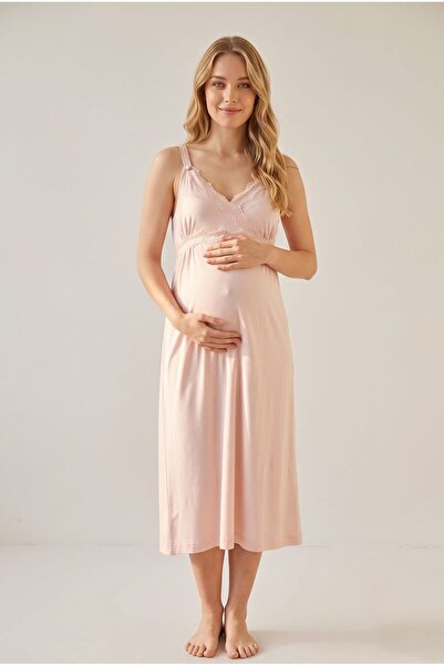 Pelin Women's New Season Maternity Nightgown Set with Powder Lace and Breastf...