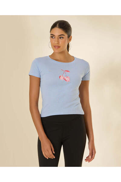 REDTAG Women Blue Printed Rib T-Shirt