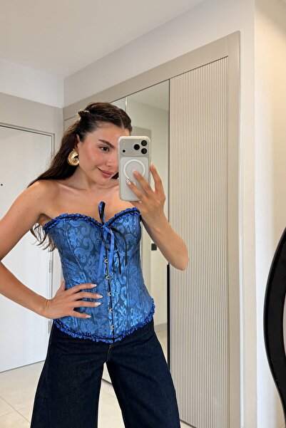 Gizem Ecemiş Santa Lacivert Dokulu Britli Korse