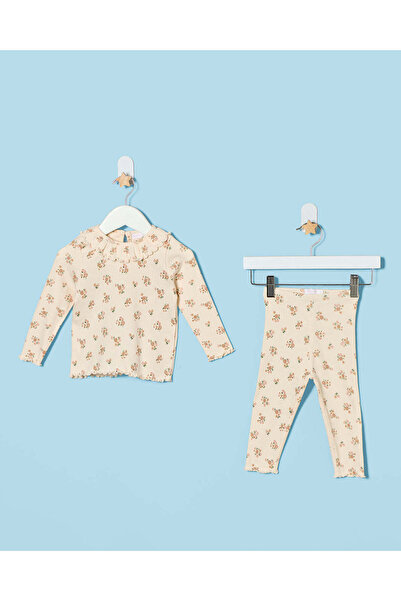 REDTAG Infant Girls Off White All Over Print Rib Pyjama Set