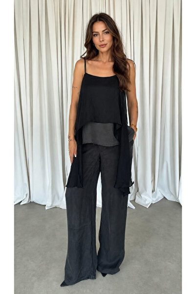 My Blog Black Thin Adjustable Strap Blouse and Trouser Set with Insert Detail...