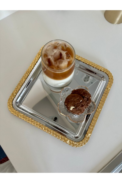 Melinda home Hasır Gümüş Kare Tepsi Gümüş-Gold Paslanmaz Çelik Çay Kahve Serv...