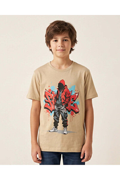 REDTAG Senior Boys Beige Hoody Style Graphic T-Shirt