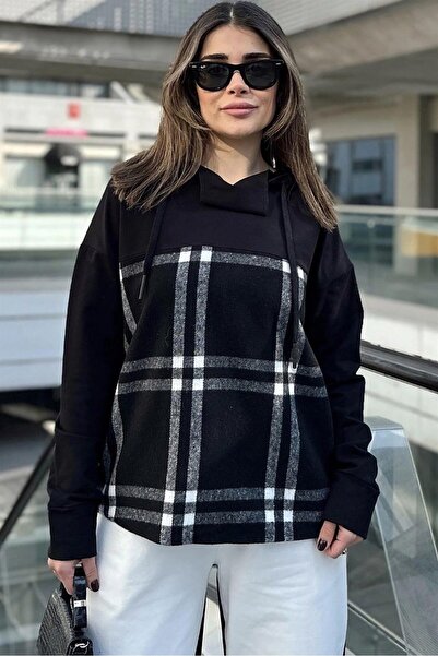 Moda4x4 Women's Clothing Black Plaid Garnished, Relaxed Fit, Hooded Two-Threa...