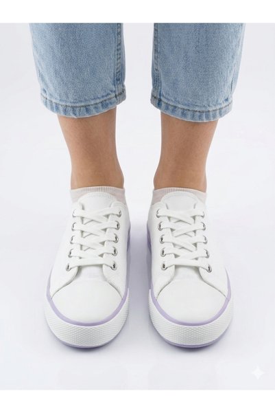 Rexba Unisex White Lilac Sole Sneaker Sports Shoes Daily Lace-Up Canvas Shoes Comfortable Casual Walking Shoes