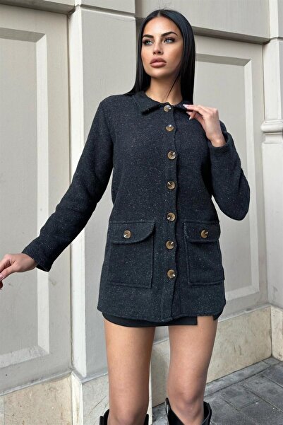 Moda4x4 Women's Clothing Black Double Pocket, Soft Textured Long Cashmere Jacket