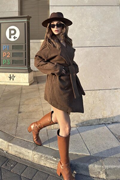 Moda4x4 Women's Clothing Brown Double-Breasted Collar, Double Pockets, Belted...
