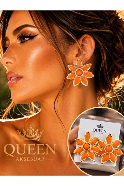 QUEEN AKSESUAR Lüks büyük parlak turuncu oranj çiçekli Gold altın kaplama kar...