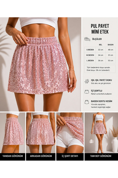 ELİTE PRENSES VELOURA Sequin Mini Skirt with Shorts Inside Women's High Waist...
