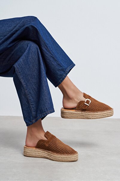 NİŞANTAŞI SHOES Maren Tan Suede Leather Laser Perforated Buckle Detail Straw ...