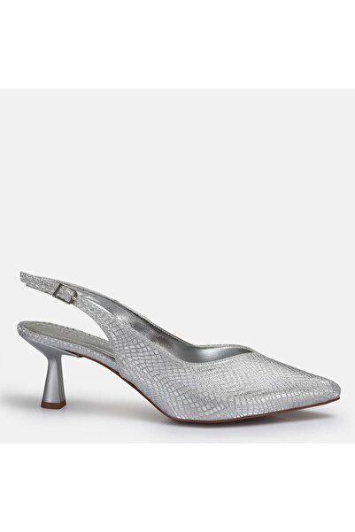 37Numara Large Size Silver Crocodile Patterned Open-Back Goblet Heeled Stilet...