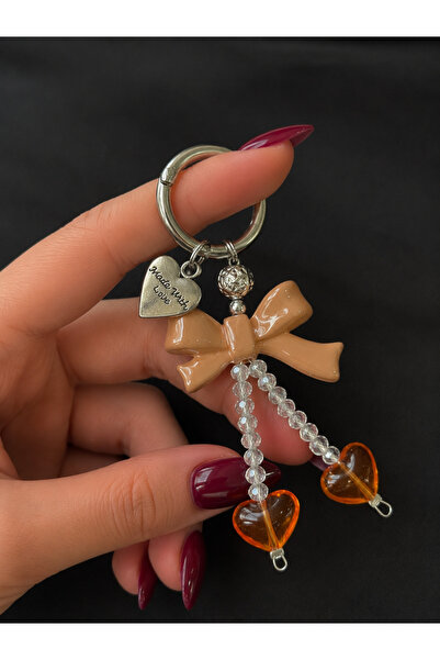 Viranes Beige Bowknot, Pearl, and Heart Figured Bag Ornament, Keychain, Phone...