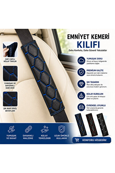 beneficio Emniyet Kemeri Kılıfı 2'li Set Siyah Mavi Dikişli Yumuşak Suni Deri...