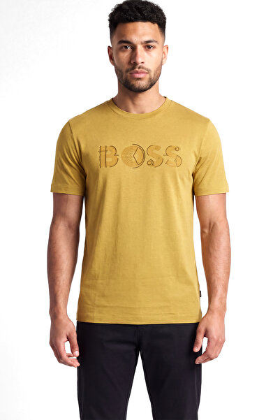 BOSS Men's Regular Fit Round Neck Logo Detailed Cotton Short Sleeve Yellow T-...