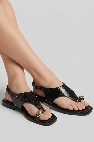 TOFİSA Women's Black Flip-Flop Sandals with Stones on the Upper - 28709-Black