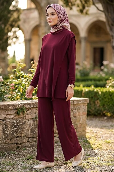 TOFİSA Crossed Cape Detailed Suit in Burgundy - 28701-Bordo