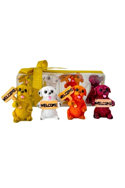 velve Set 4 Figurine Decorative in forma de catelusi, pancarta cu textul: "We...
