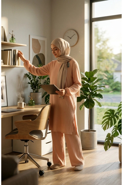 sefamerve Bürümcük Fabric Tunic Pants Hijab Double Set 0571-08 Beige